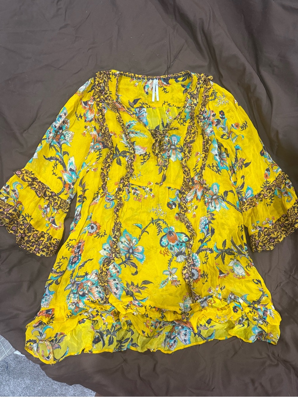 Anthropologie Yellow Floral Boho Tunic with Teal Accents